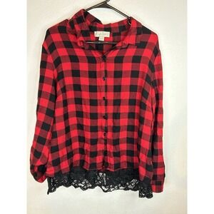 Charlie Paige Red Black Buffalo Plaid Button Down Lace Hem Shirt Size L